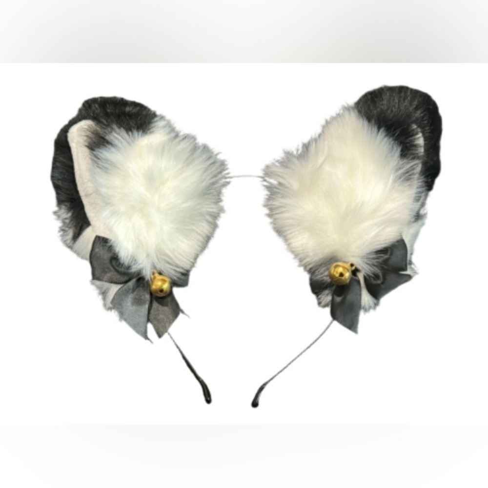 Black and White Furry cat like  headband  with Bells
